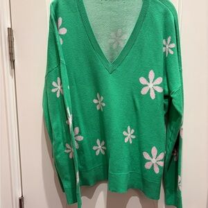 Lilly Pulitzer Green V-Neck Sweater with Pink Floral Design